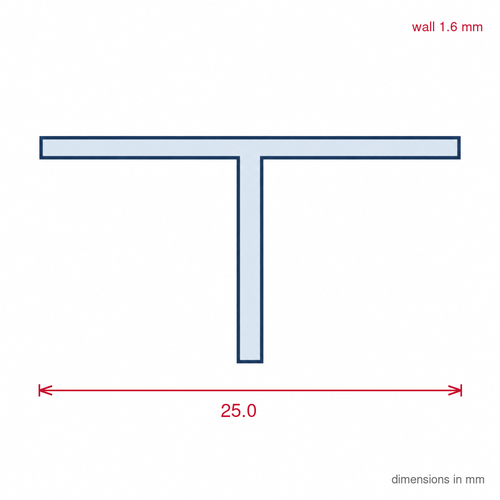 25mm Plastic T Section Black - Pack of 12, 2.44m Each